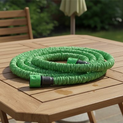 Tuyau arrosage extensible vert sur table