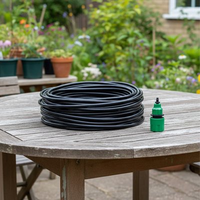 Tuyau arrosage goutte à goutte posé sur table